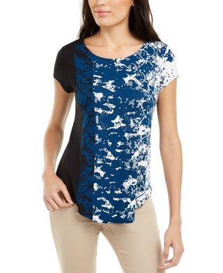 Camiseta feminina Alfani estampada com bainha redonda, azul, tamanho P