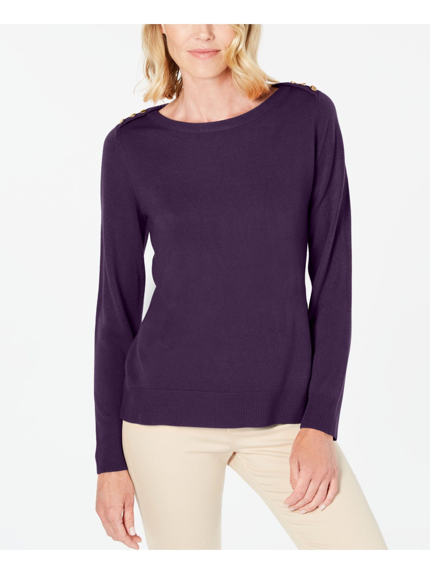 Blusa feminina Karen Scott lisa, manga comprida, gola redonda, roxa, tamanho pequeno