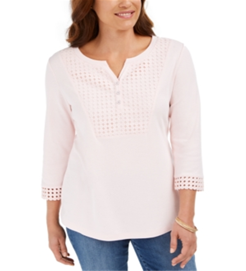 Karen Scott Top Henley Feminino Crochê com Acabamento Rosa Tamanho P