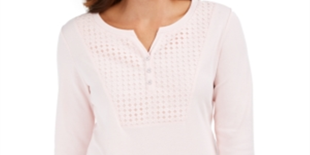 Karen Scott Top Henley Feminino Crochê com Acabamento Rosa Tamanho P