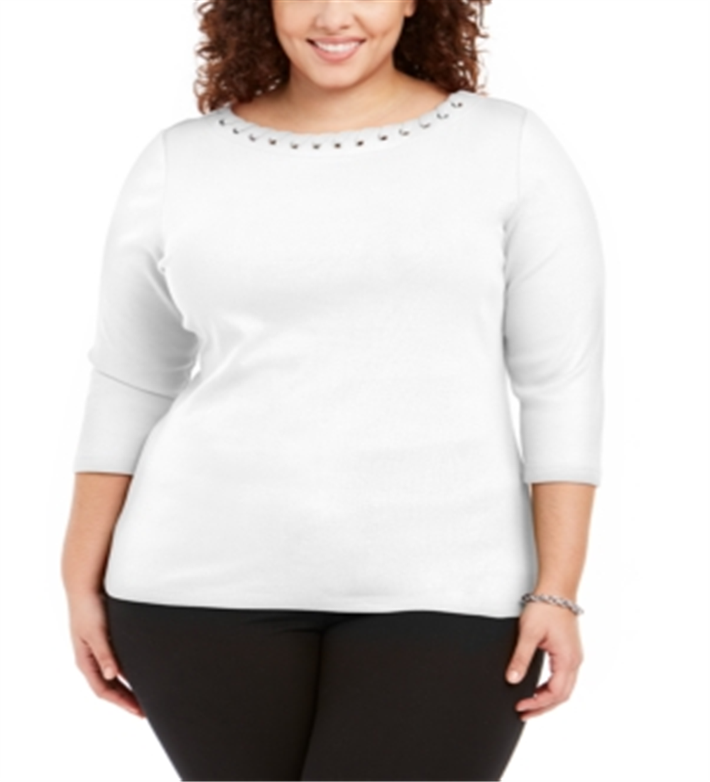 Karen Scott Top de algodão feminino plus size com ilhós e renda, tamanho 0X
