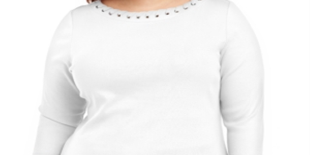 Karen Scott Top de algodão feminino plus size com ilhós e renda, tamanho 0X