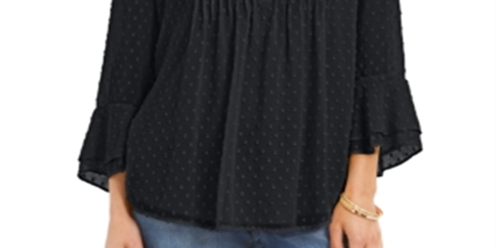 Charter Club Top feminino com babados duplos texturizados e pregas, preto, tamanho pequeno e pequeno