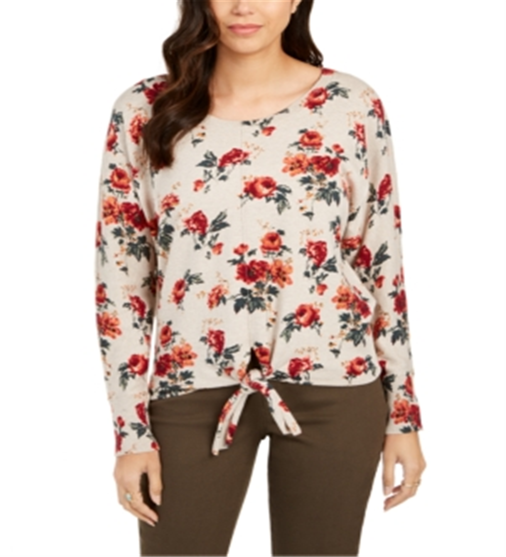 Suéter feminino estampado com bainha amarrada, estilo &amp; co, bege, multifloral, tamanho pequeno M