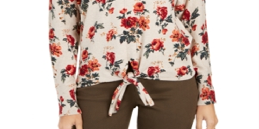 Suéter feminino estampado com bainha amarrada, estilo &amp; co, bege, multifloral, tamanho pequeno M