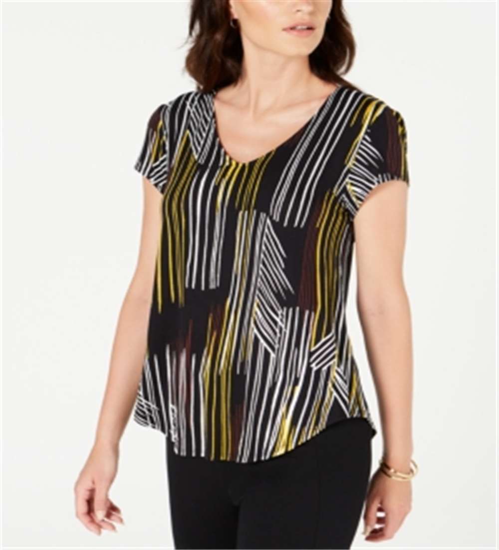 Camiseta feminina estampada com decote em V da Alfani, preta, tamanho pequeno