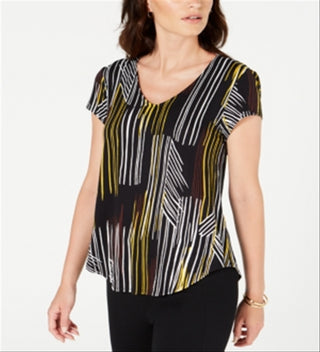 Camiseta feminina estampada com decote em V da Alfani, preta, tamanho pequeno