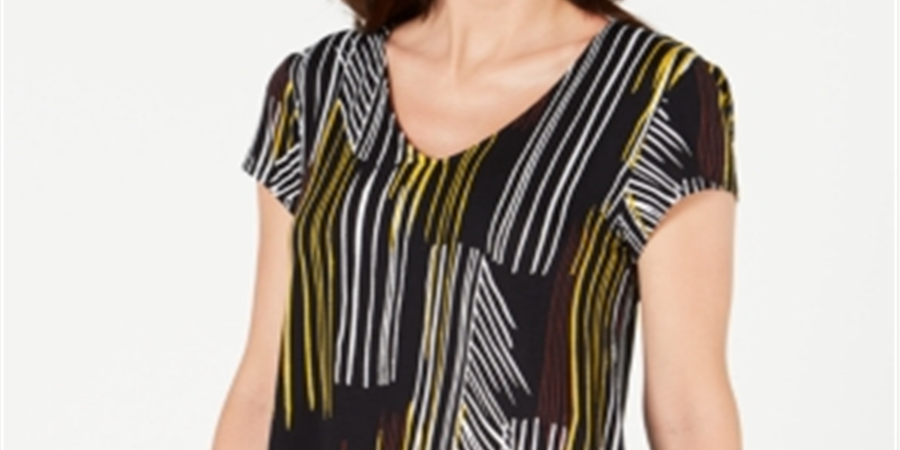 Camiseta feminina estampada com decote em V da Alfani, preta, tamanho pequeno