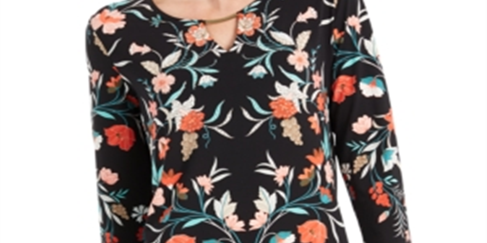 Blusa feminina estampada com bainha de lenço JM Collection - Floral preto - Tamanho pequeno