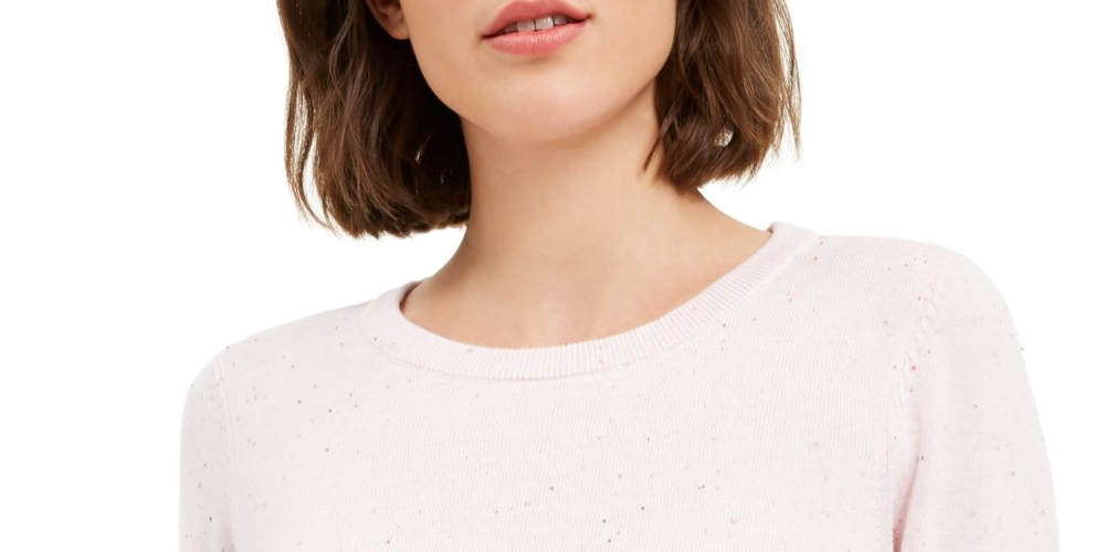 Suéter feminino Maison Jules com gola redonda e manga 3/4 canelada, rosa, tamanho extragrande