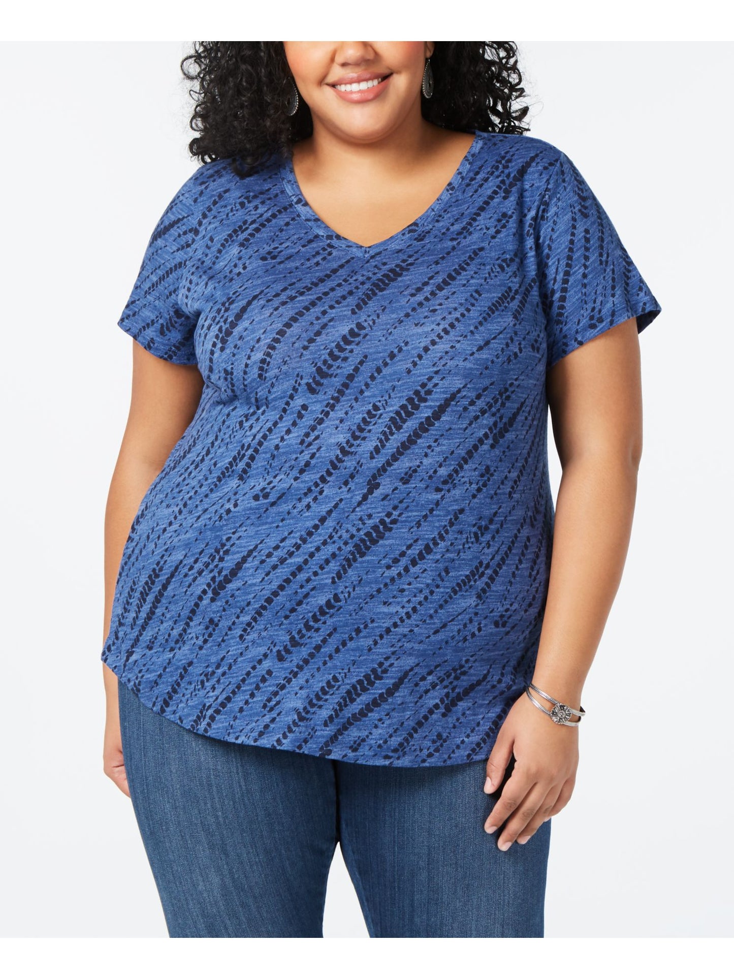 Camiseta feminina estilo &amp; co, gola V, manga curta, azul, tamanho X-S