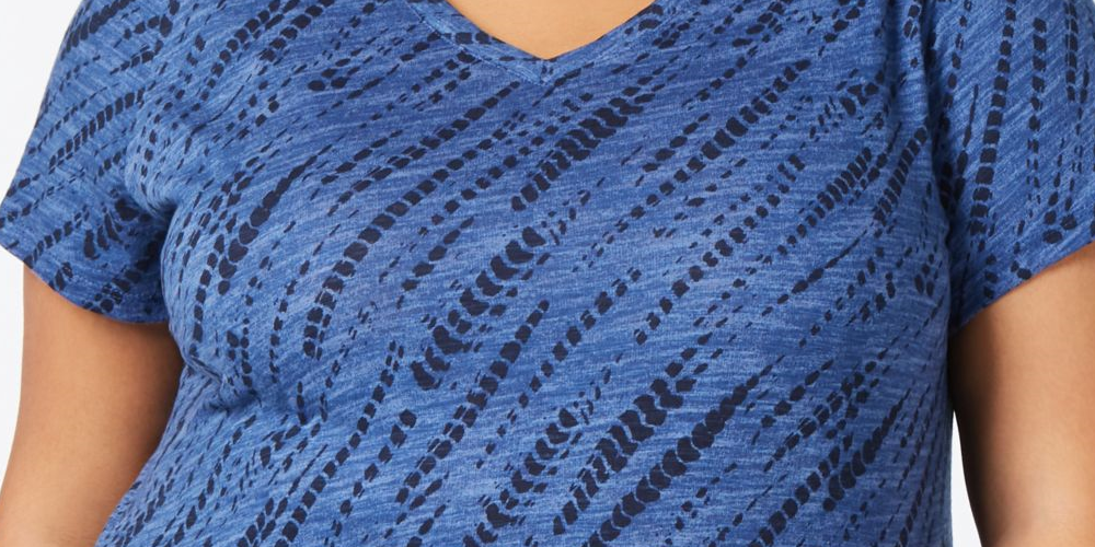 Camiseta feminina estilo &amp; co, gola V, manga curta, azul, tamanho X-S
