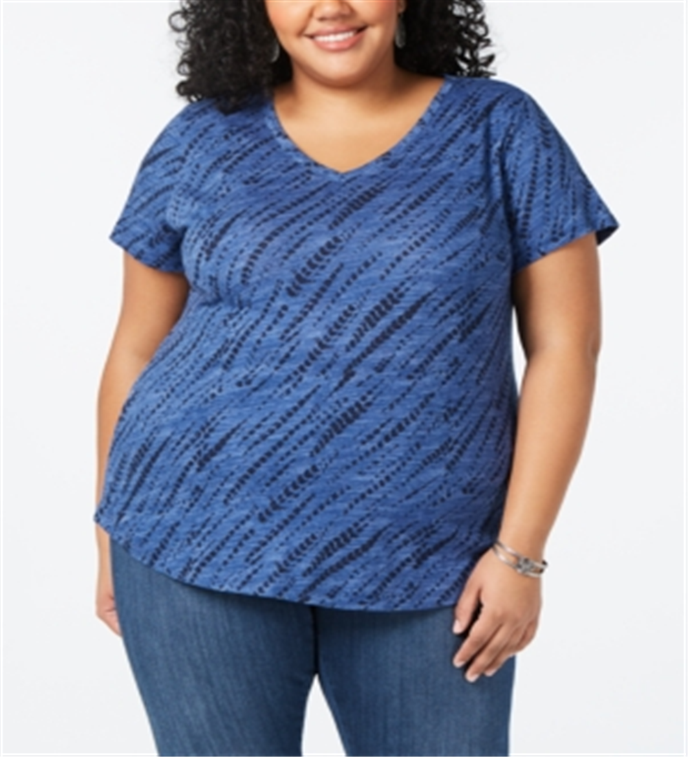 Camiseta feminina estilo &amp; co, gola V, manga curta, azul, tamanho X-S