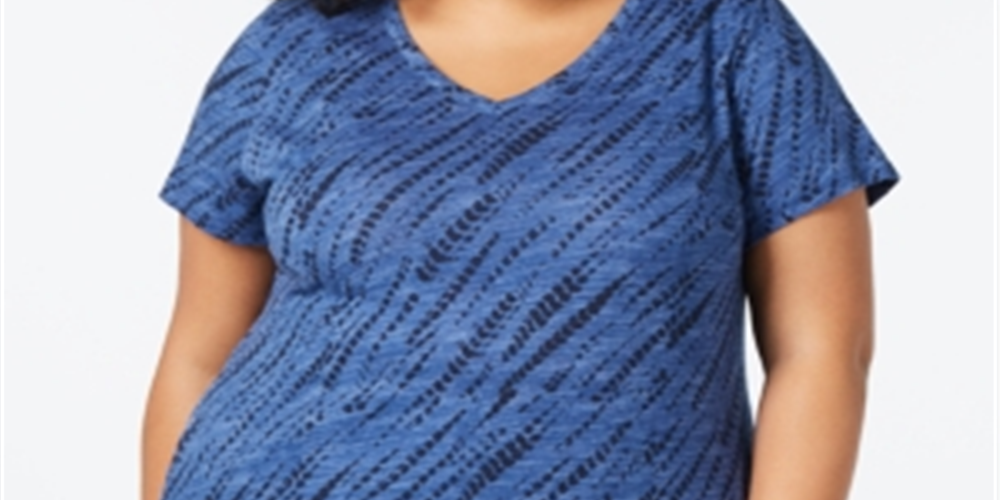 Camiseta feminina estilo &amp; co, gola V, manga curta, azul, tamanho X-S