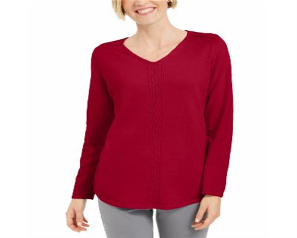Karen Scott Suéter Feminino de Tricô de Algodão com Cabo Vermelho Tamanho X-G