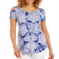 JM Collection Blusa feminina estampada com ombros descobertos e decote redondo, azul, tamanho pequeno