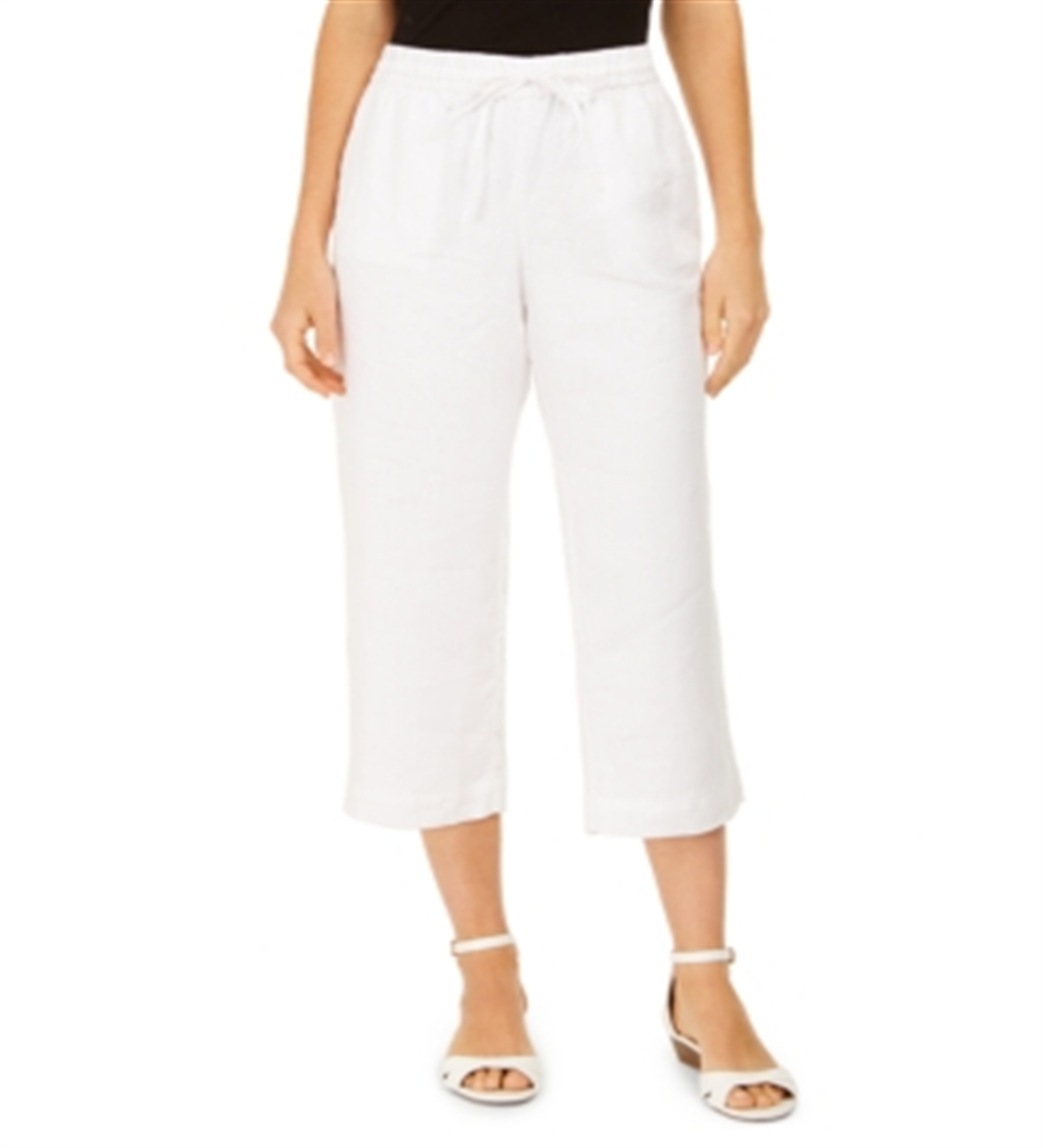 Calça Capri de Linho Feminina Charter Club Cintura Amarrada Cinza Tamanho X-G