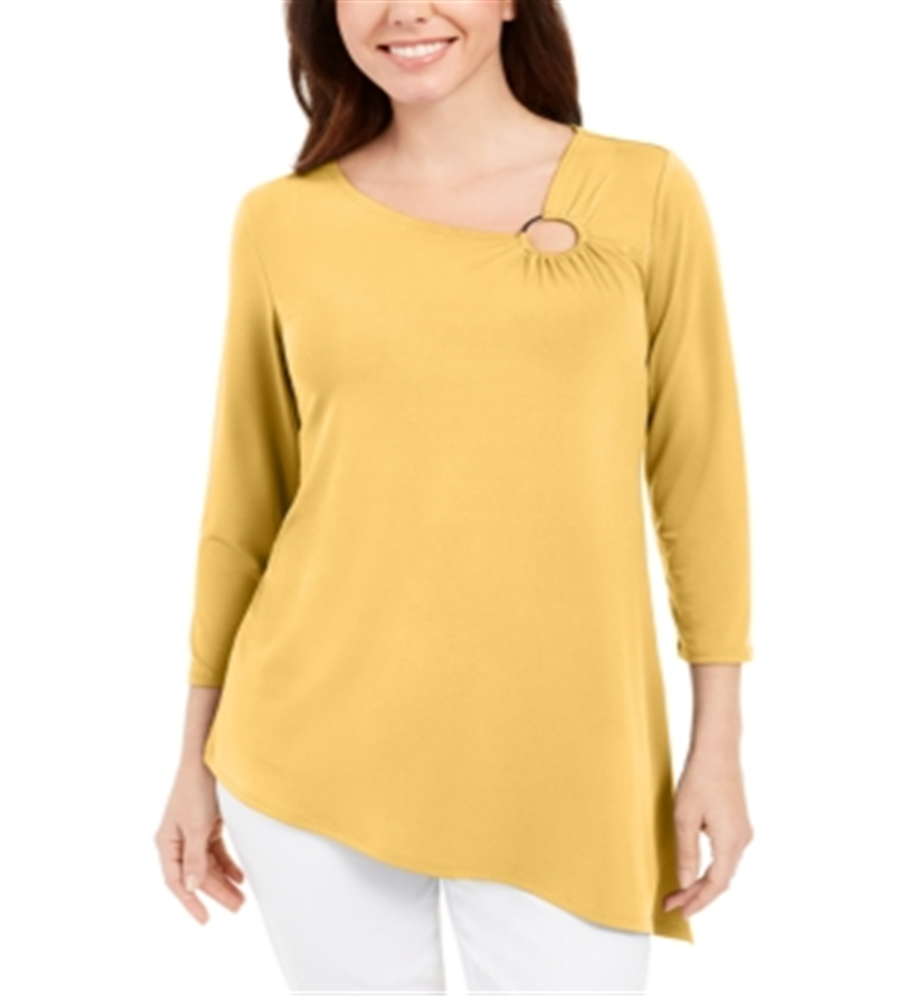 Túnica feminina assimétrica com anel JM Collection, amarela, tamanho XX-grande