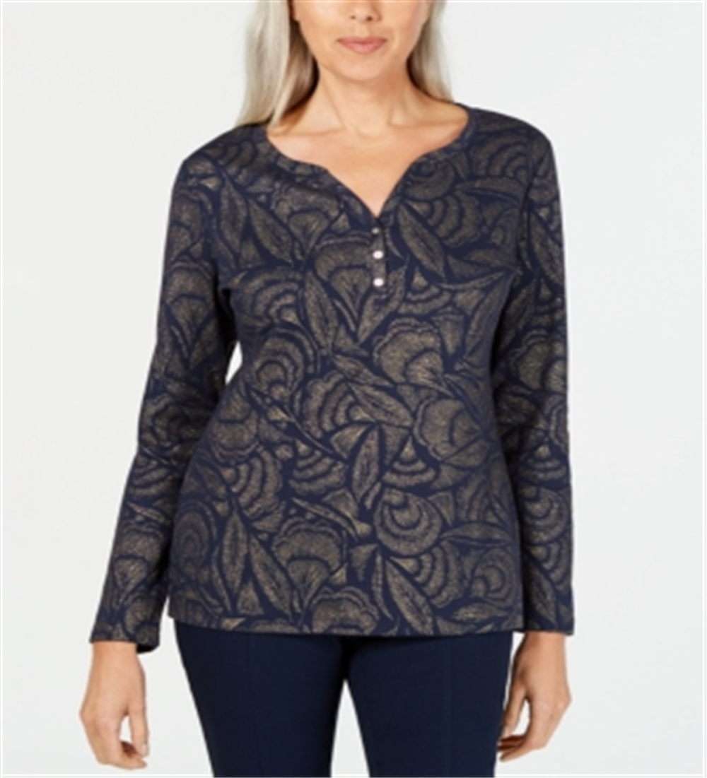 Karen Scott Top Henley com Estampa Metálica Feminino Azul Tamanho Grande