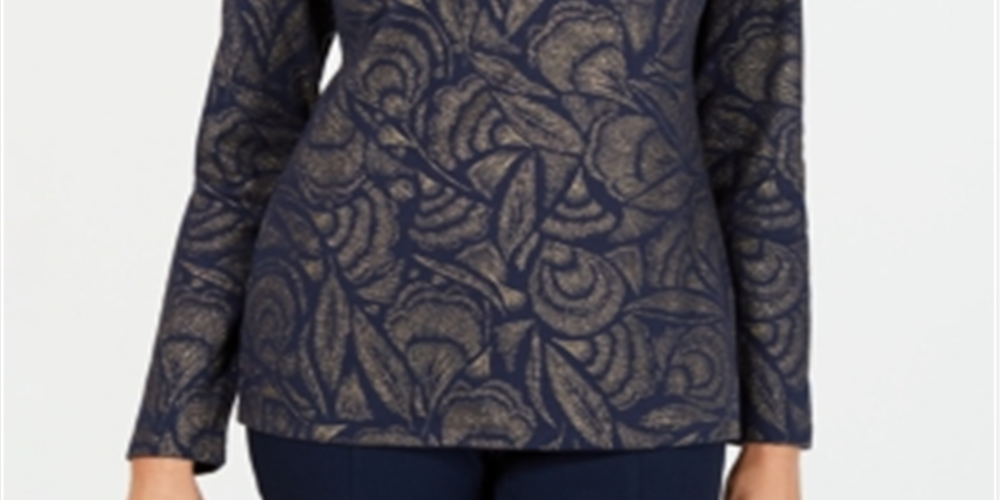 Karen Scott Top Henley com Estampa Metálica Feminino Azul Tamanho Grande