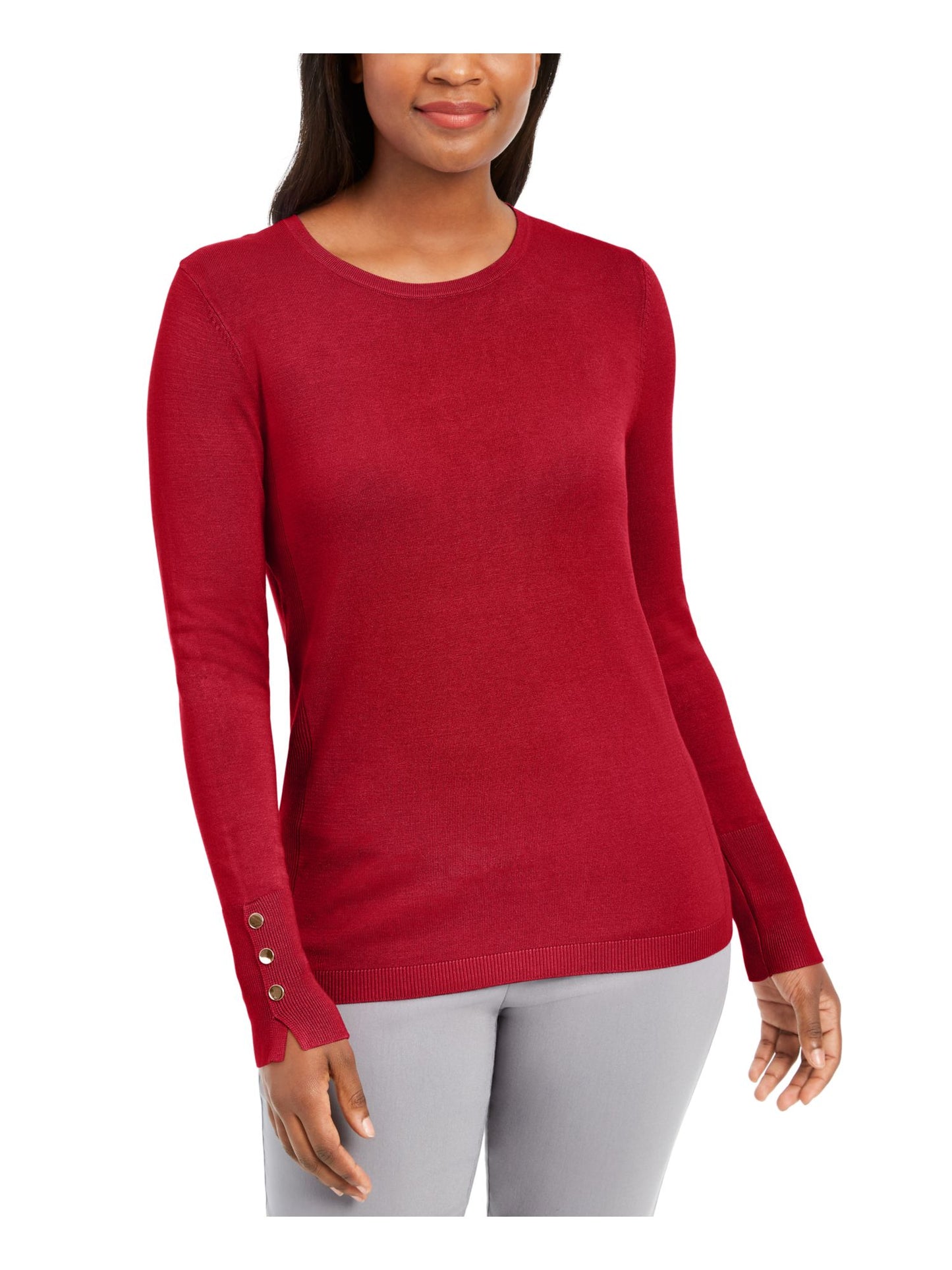 JM Collection Suéter feminino canelado, manga comprida, gola redonda, vermelho, tamanho pequeno, extragrande