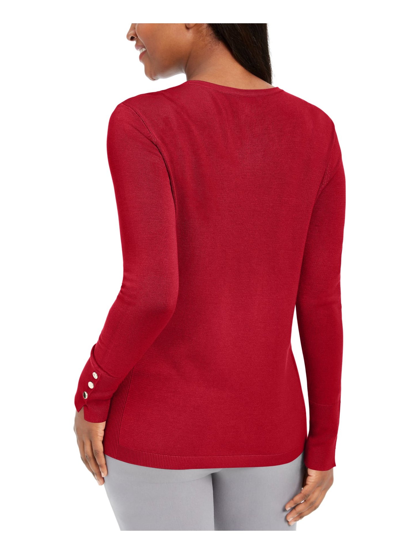 JM Collection Suéter feminino canelado, manga comprida, gola redonda, vermelho, tamanho pequeno, extragrande