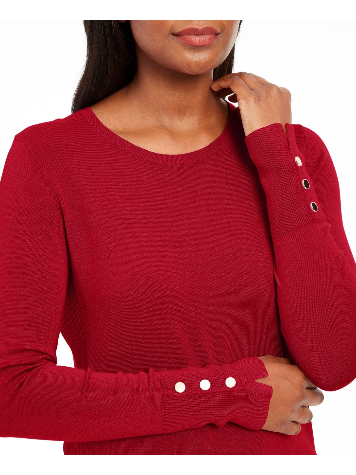 JM Collection Suéter feminino canelado, manga comprida, gola redonda, vermelho, tamanho pequeno, extragrande