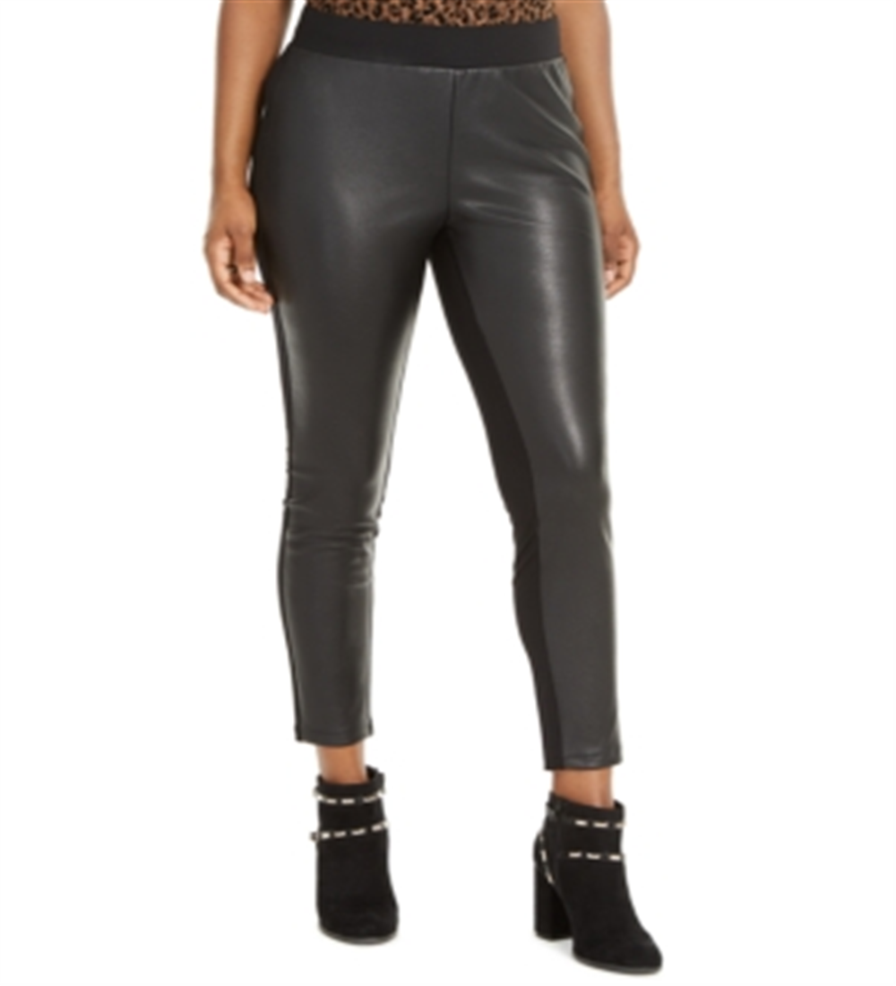 Leggings femininas Thalia Sodi com frente em couro sintético, pretas, tamanho pequeno