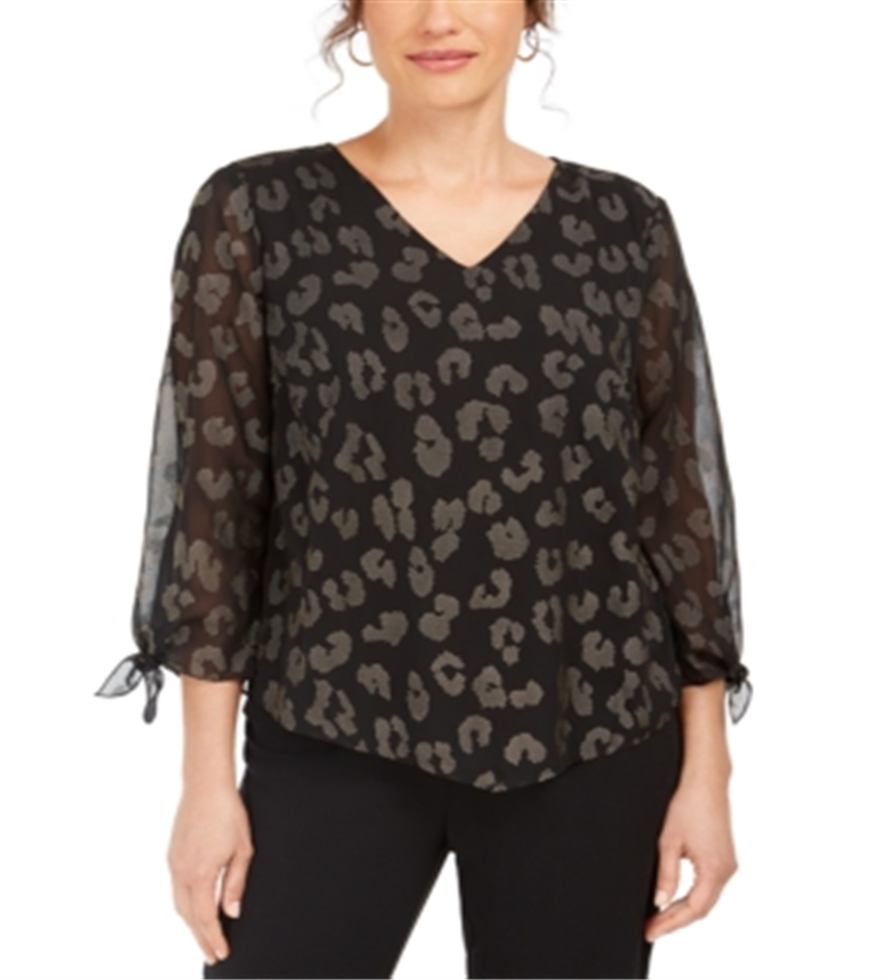 Top feminino com estampa de animal e bolinhas JM Collection, preto, tamanho pequeno
