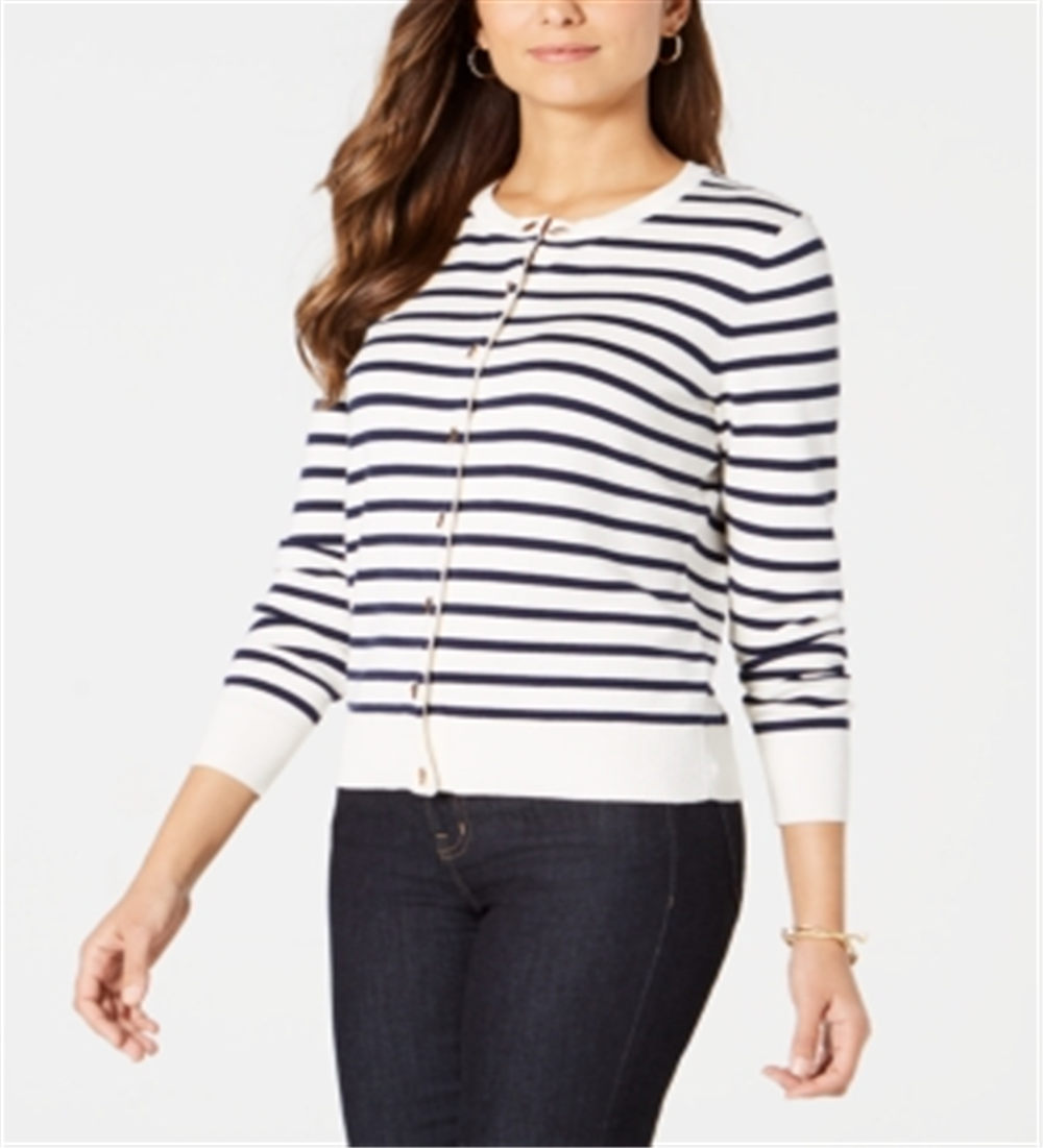 Cardigan feminino listrado com fecho de alavanca Charter Club, branco - listras azul-marinho, tamanho pequeno P
