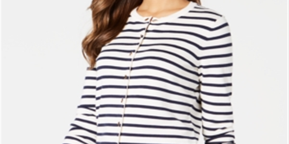Cardigan feminino listrado com fecho de alavanca Charter Club, branco - listras azul-marinho, tamanho pequeno P
