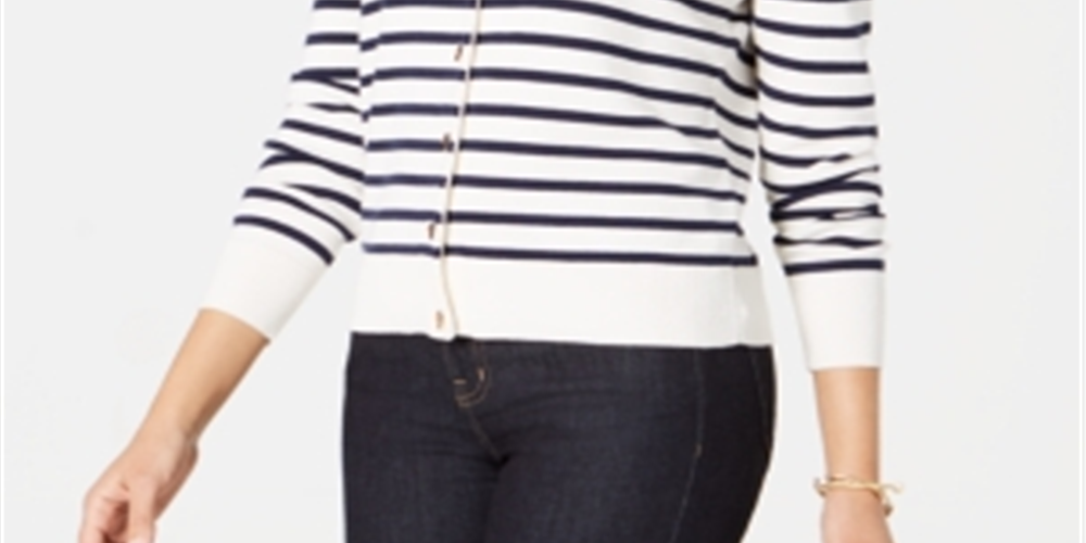 Cardigan feminino listrado com fecho de alavanca Charter Club, branco - listras azul-marinho, tamanho pequeno P