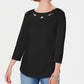 Karen Scott Blusa feminina com recorte de manga três quartos, preta, tamanho X-S