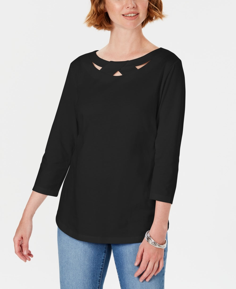 Karen Scott Blusa feminina com recorte de manga três quartos, preta, tamanho X-S