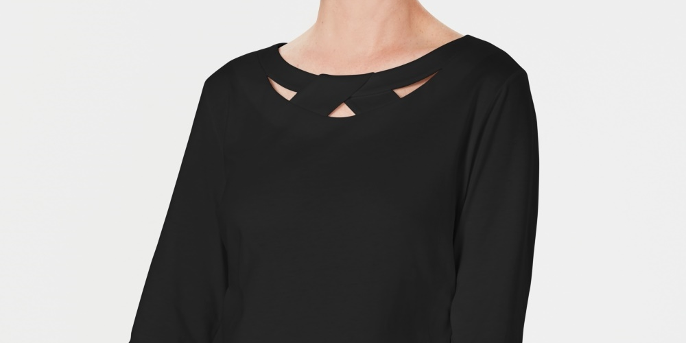 Karen Scott Blusa feminina com recorte de manga três quartos, preta, tamanho X-S