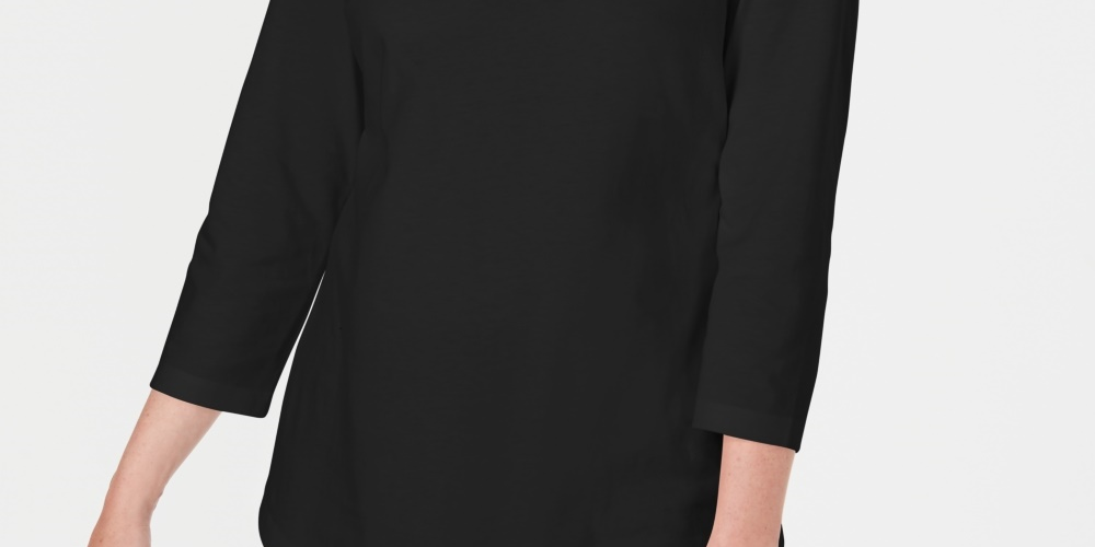 Karen Scott Blusa feminina com recorte de manga três quartos, preta, tamanho X-S