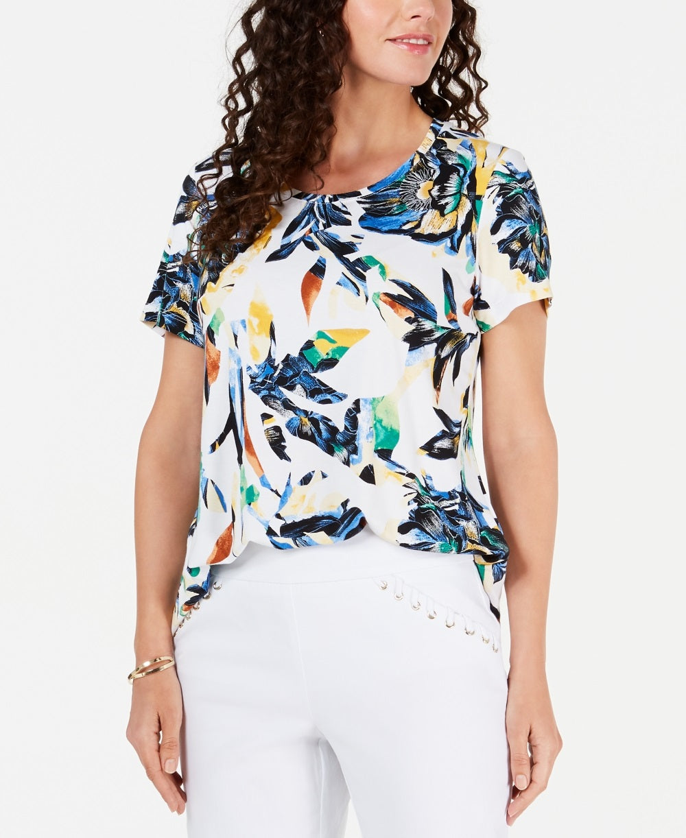 JM Collection Blusa Estampada Feminina Branca Tamanho -PS