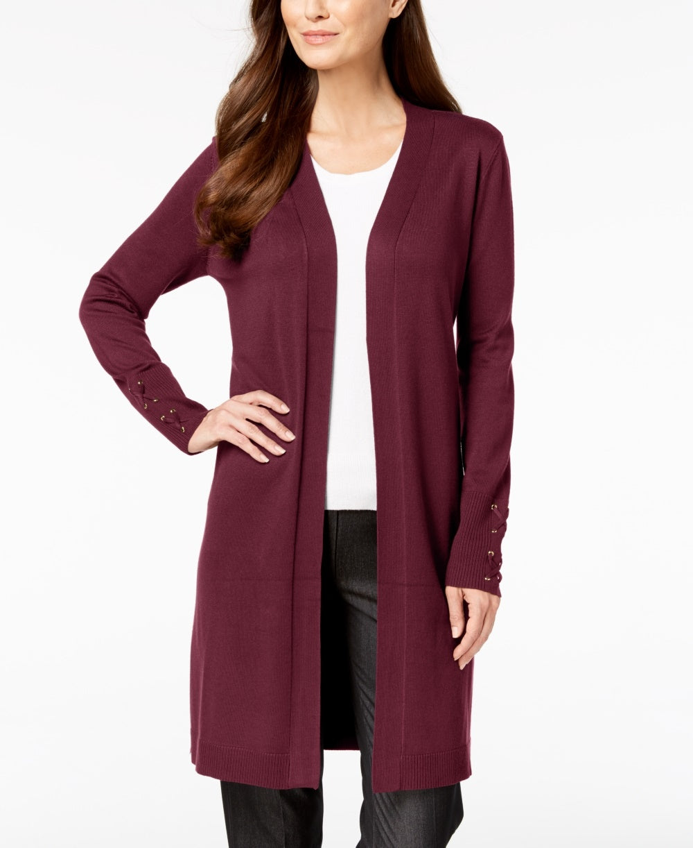 Cardigan feminino com mangas atadas e amarração JM Collection, tamanho vinho, tamanho extragrande