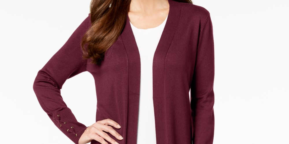 Cardigan feminino com mangas atadas e amarração JM Collection, tamanho vinho, tamanho extragrande