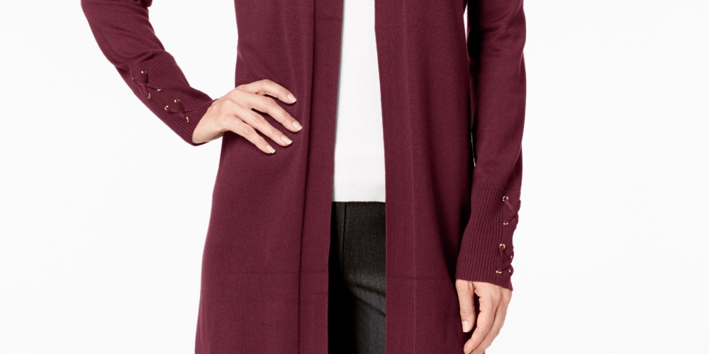 Cardigan feminino com mangas atadas e amarração JM Collection, tamanho vinho, tamanho extragrande