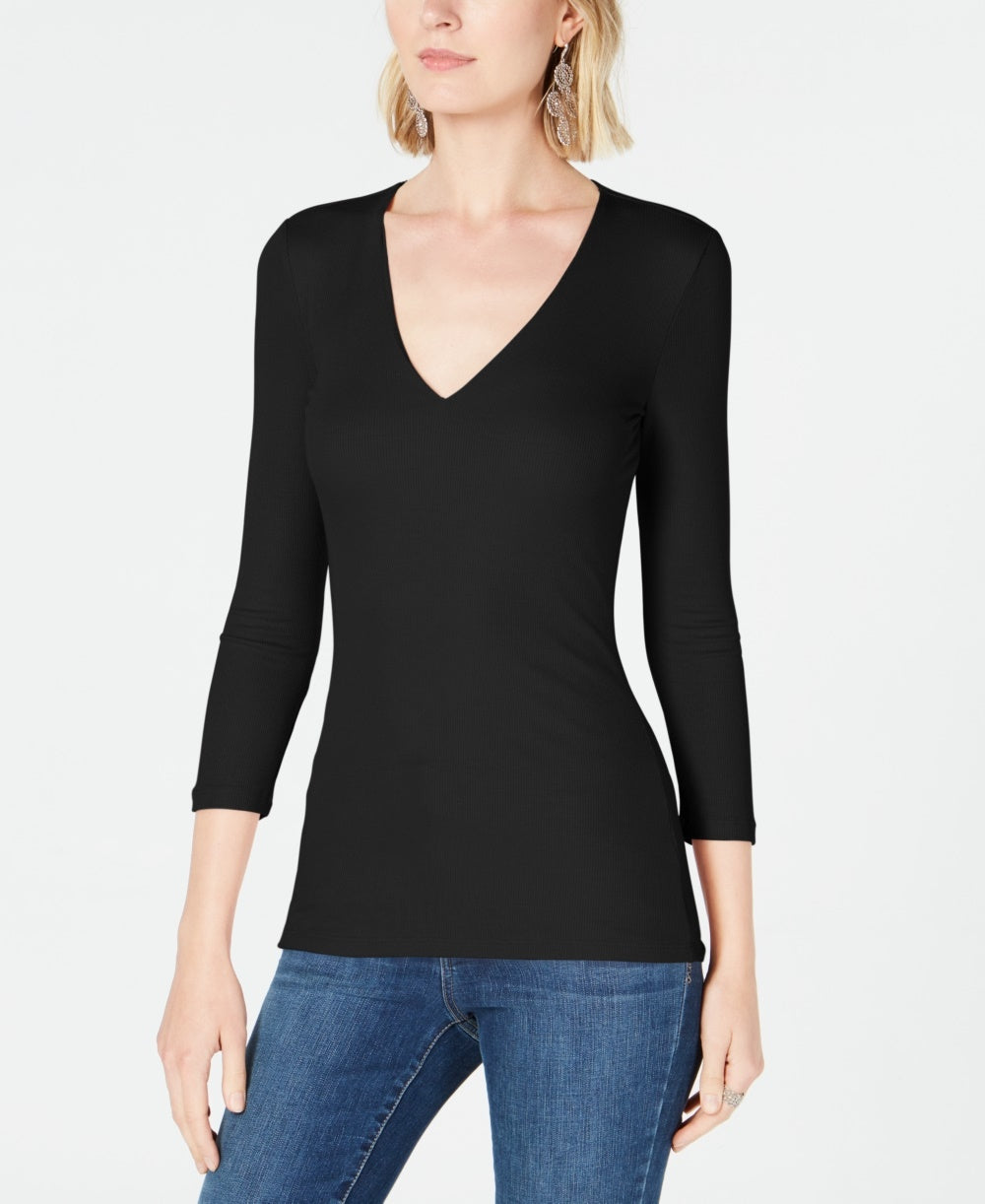 INC International Concepts Top feminino pequeno com decote em V, preto, tamanho pequeno pequeno