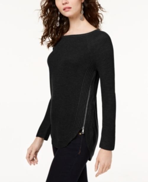 Suéter túnica feminino de malha waffle com zíper lateral, preto, tamanho pequeno, extragrande, da INC International Concepts