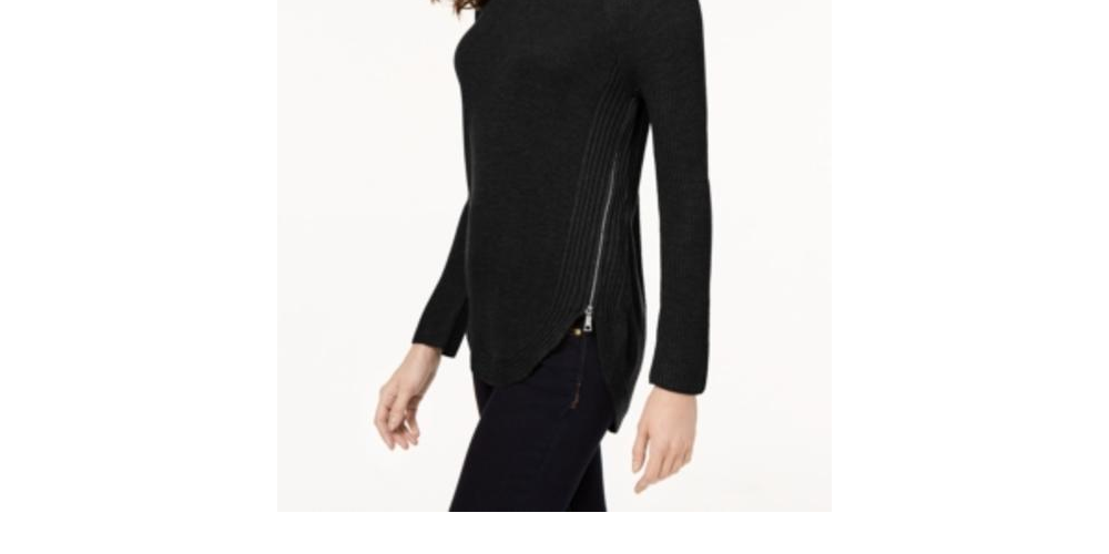 Suéter túnica feminino de malha waffle com zíper lateral, preto, tamanho pequeno, extragrande, da INC International Concepts