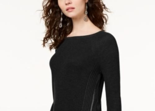 Suéter túnica feminino de malha waffle com zíper lateral, preto, tamanho pequeno, extragrande, da INC International Concepts