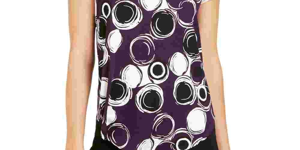 Camiseta feminina Alfani estampada com bainha redonda, roxa, tamanho pequeno e pequeno
