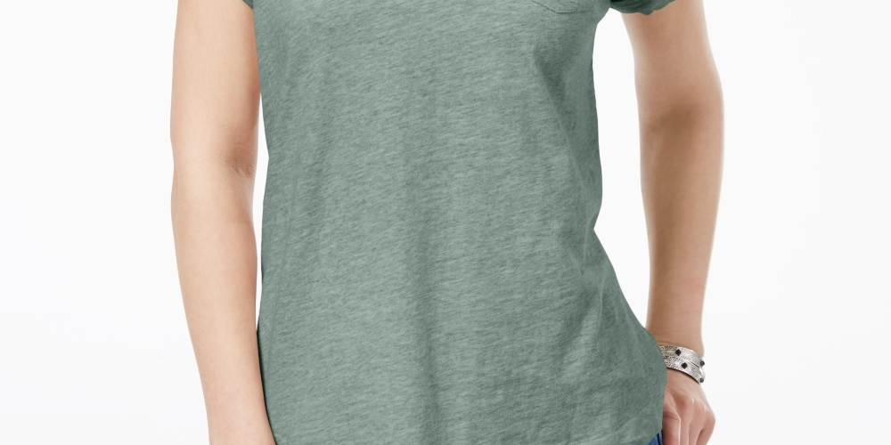 Camiseta feminina com decote em V e bolso, estilo &amp; co, verde, tamanho PS