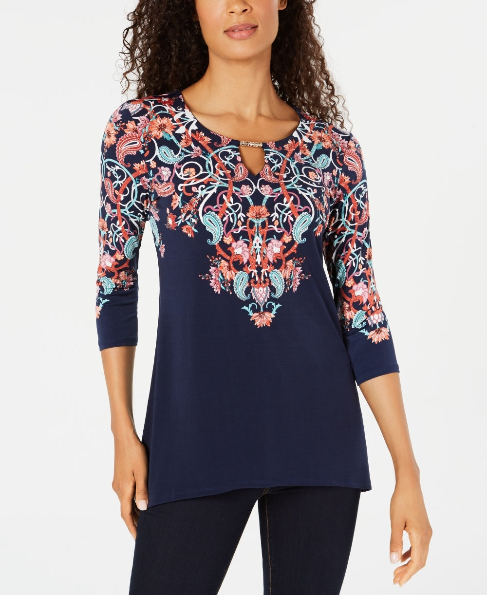 Túnica estampada de conto de fadas feminina JM Collection, tamanho azul marinho, pequena e pequena