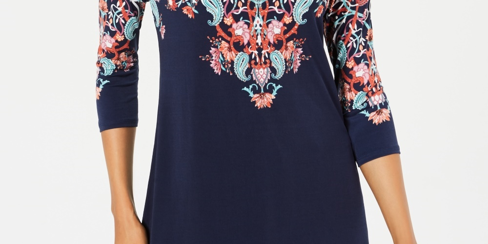 Túnica estampada de conto de fadas feminina JM Collection, tamanho azul marinho, pequena e pequena