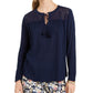 Charter Club Blusa de linho feminina com ilhós e gravata borla, azul, tamanho médio