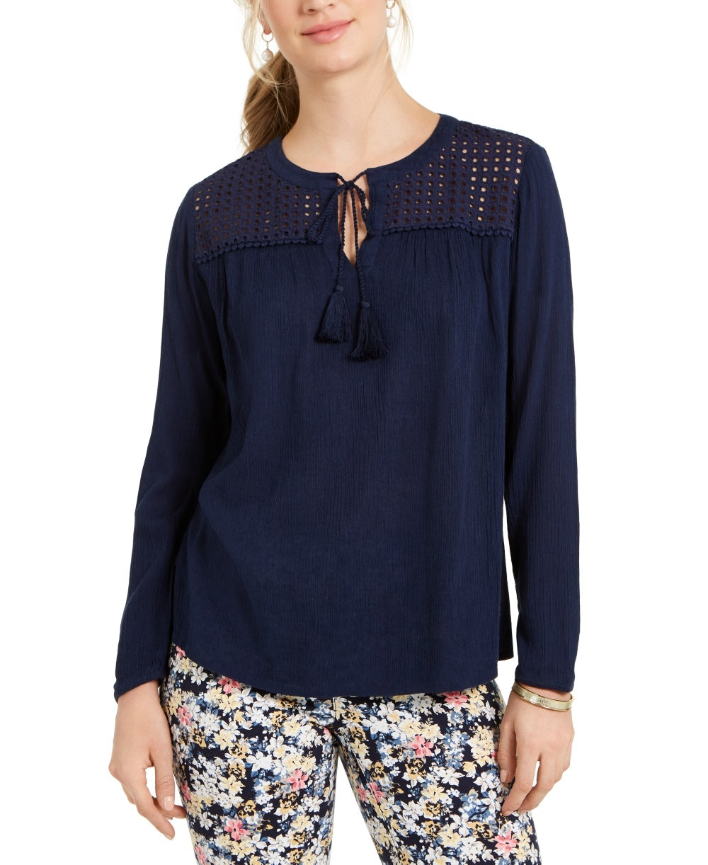 Charter Club Blusa de linho feminina com ilhós e gravata borla, azul, tamanho médio
